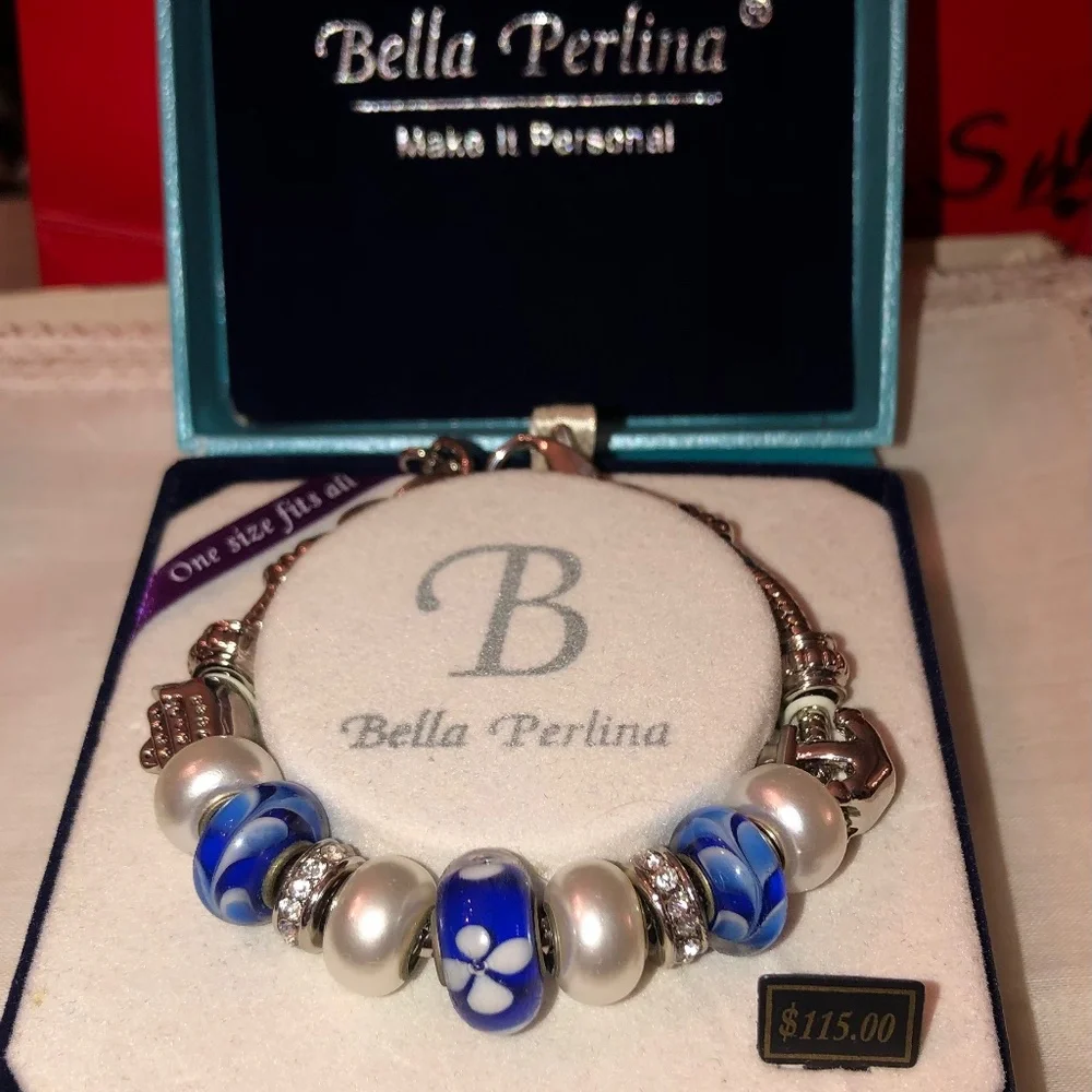 Bella Perlina Silver Art Glass SlCharm Bracelet Blue Bella Pelina - Picture 1 of 16